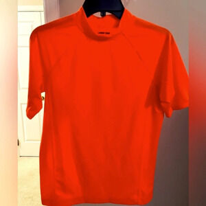 Lands End L (14-16) bright orange mock neck, short sleeve Rashguard shirt,Unisex